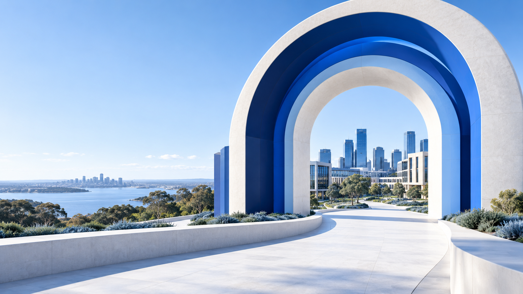 A monumental blue architectural portal opening toward a brighter city