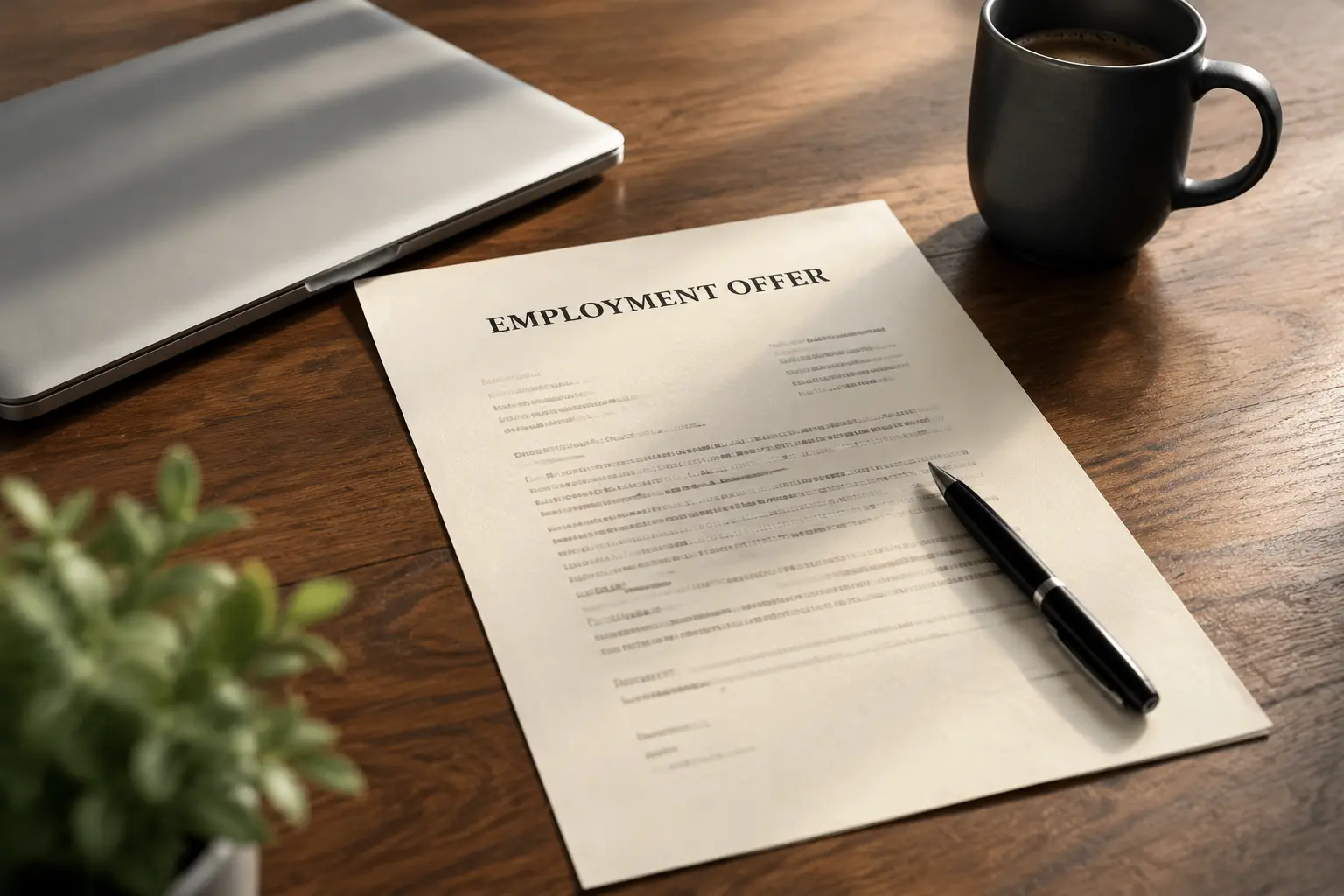 An employment offer on a manager's desk